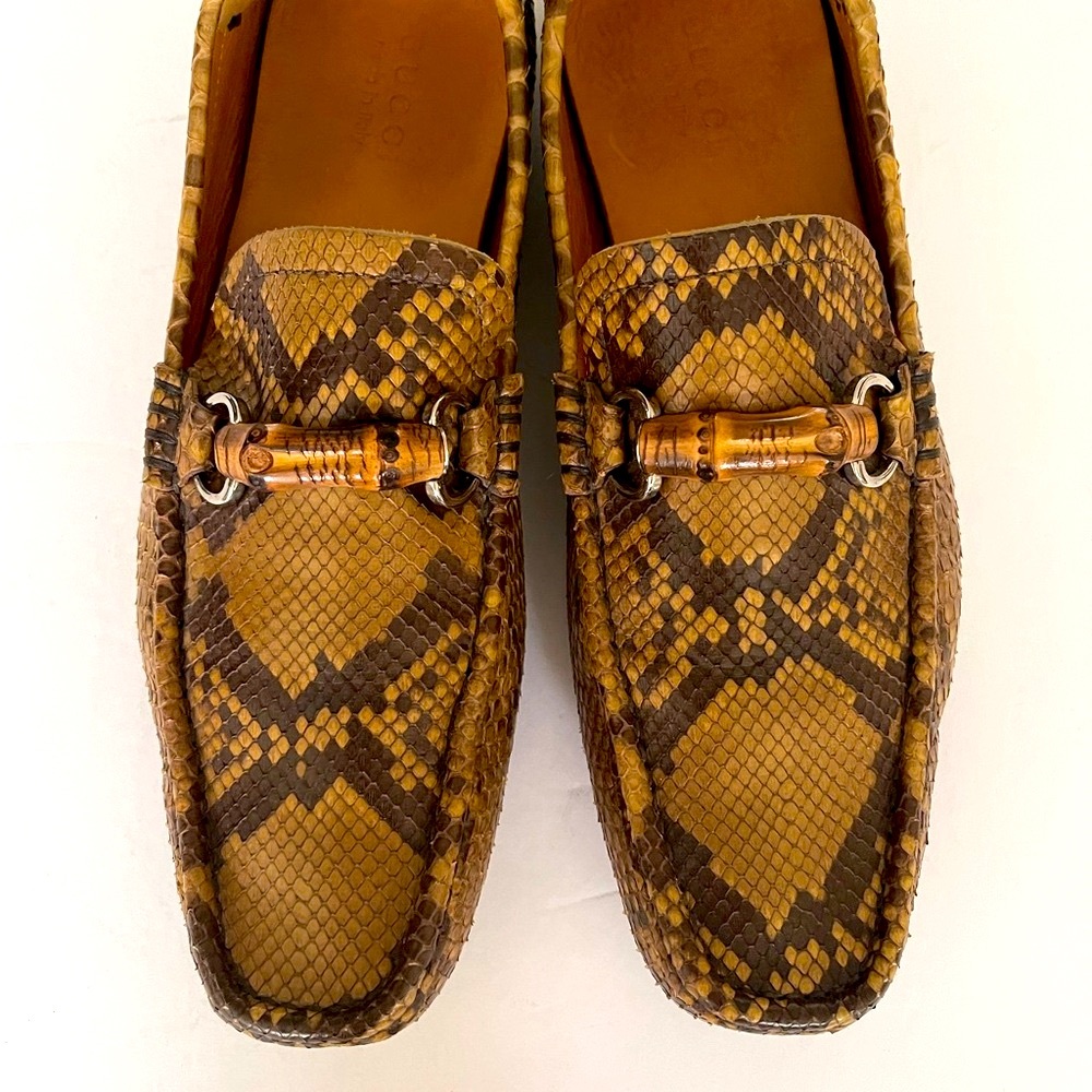 Gucci Tan and Brown Piton snake Leather Loafers